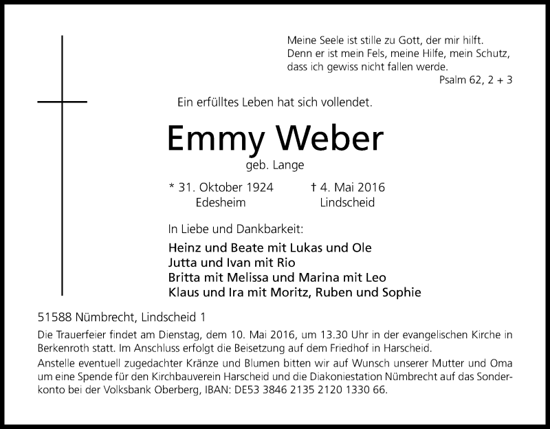  Traueranzeige für Emmy Weber vom 07.05.2016 aus Kölner Stadt-Anzeiger / Kölnische Rundschau / Express