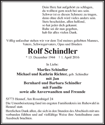 Anzeige von Rolf Schindler von  Extra Blatt 