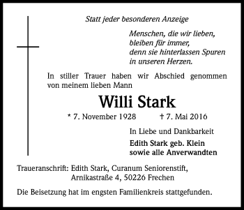 Anzeige von Willi Stark von Kölner Stadt-Anzeiger / Kölnische Rundschau / Express