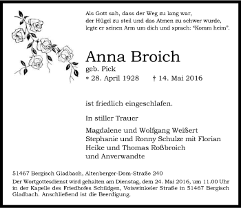 Anzeige von Anna Broich von Kölner Stadt-Anzeiger / Kölnische Rundschau / Express