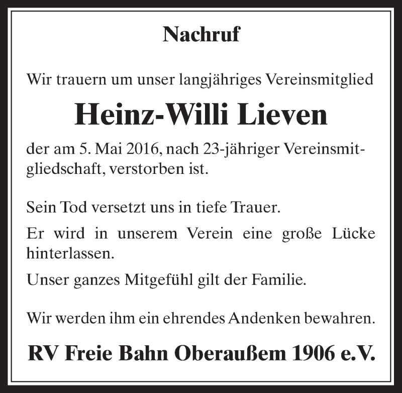  Traueranzeige für Heinz-Willi Lieven vom 25.05.2016 aus  Werbepost 