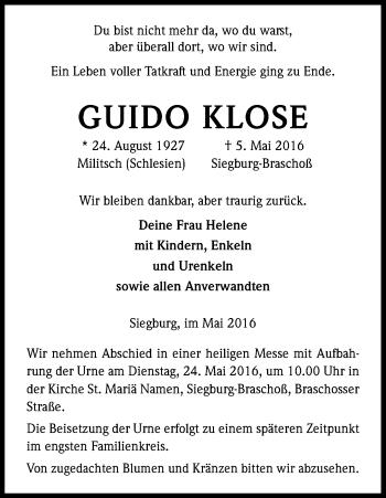Anzeige von Guido Klose von Kölner Stadt-Anzeiger / Kölnische Rundschau / Express
