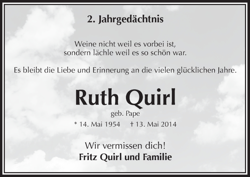  Traueranzeige für Ruth Quirl vom 11.05.2016 aus  Bergisches Handelsblatt 