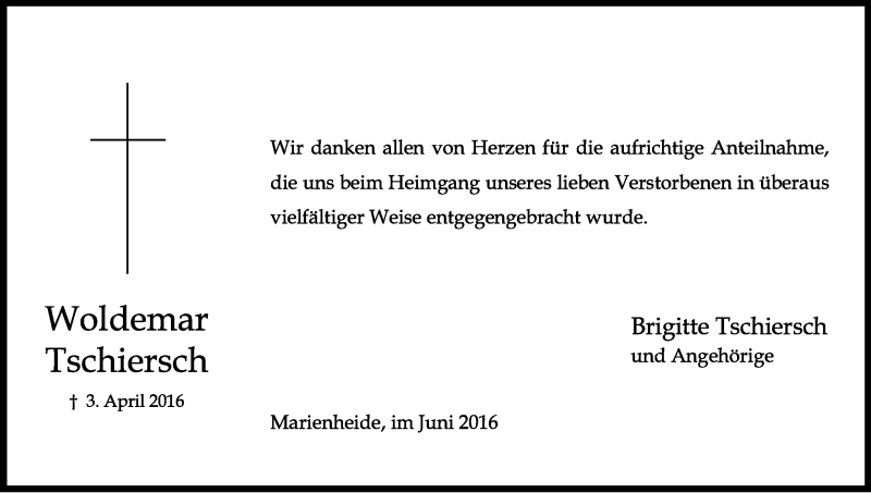  Traueranzeige für Woldemar Tschiersch vom 01.06.2016 aus Kölner Stadt-Anzeiger / Kölnische Rundschau / Express
