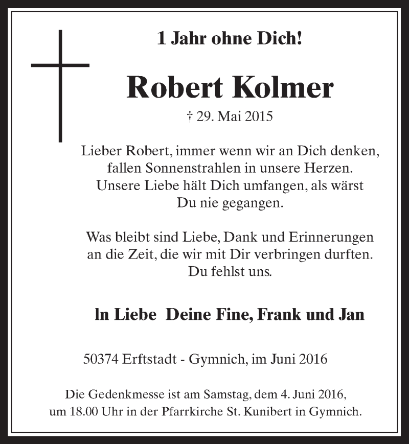  Traueranzeige für Robert Kolmer vom 01.06.2016 aus  Werbepost 