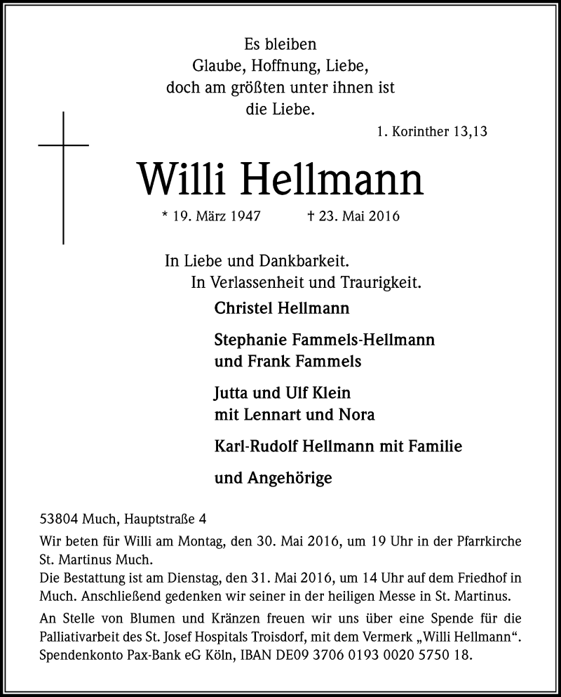  Traueranzeige für Willi Hellmann vom 28.05.2016 aus Kölner Stadt-Anzeiger / Kölnische Rundschau / Express