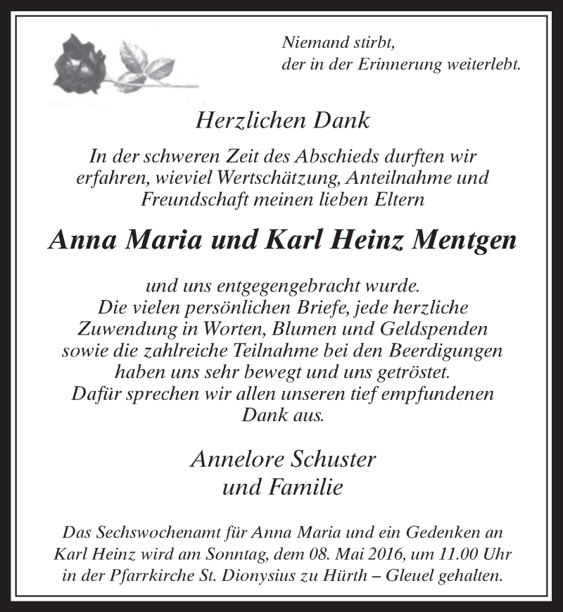  Traueranzeige für Anna Maria und Karl Heinz Mentgen vom 04.05.2016 aus  Wochenende 