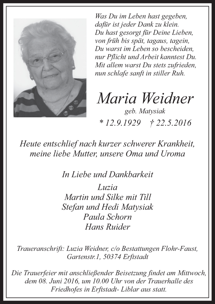  Traueranzeige für Maria Weidner vom 01.06.2016 aus  Werbepost 