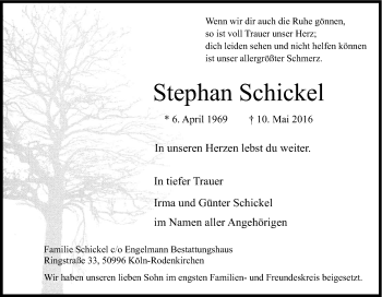 Anzeige von Stephan Schickel von Kölner Stadt-Anzeiger / Kölnische Rundschau / Express