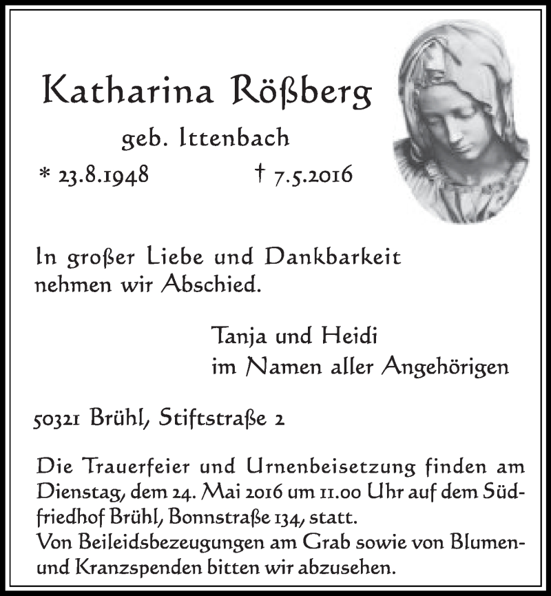  Traueranzeige für Katharina Rößberg vom 18.05.2016 aus  Schlossbote/Werbekurier 