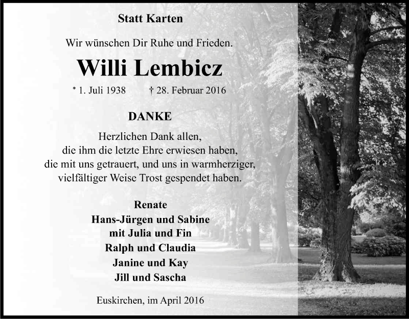  Traueranzeige für Willi Lembicz vom 30.04.2016 aus Kölner Stadt-Anzeiger / Kölnische Rundschau / Express