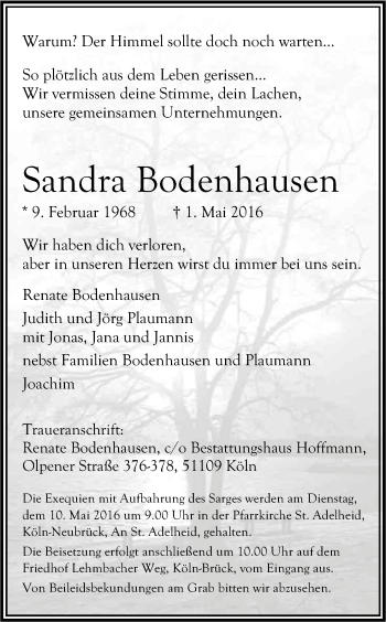 Anzeige von Sandra Bodenhausen von Kölner Stadt-Anzeiger / Kölnische Rundschau / Express