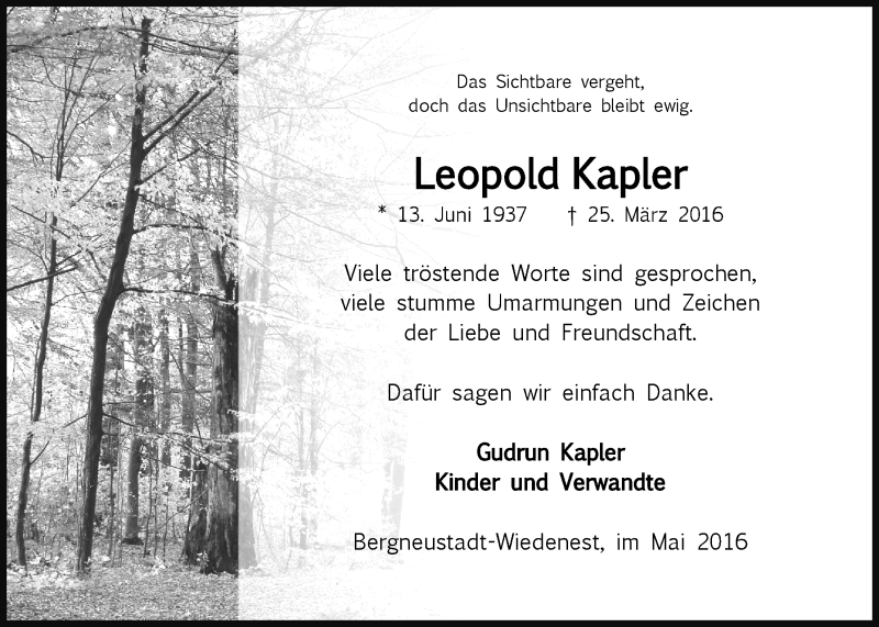  Traueranzeige für Leopold Kapler vom 04.05.2016 aus  Anzeigen Echo 