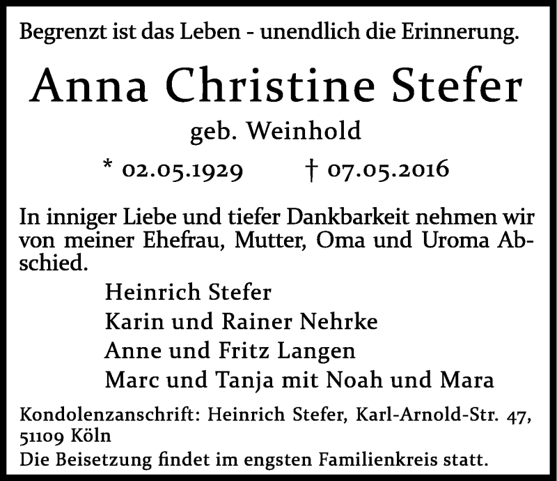  Traueranzeige für Anna Christine Stefer vom 21.05.2016 aus Kölner Stadt-Anzeiger / Kölnische Rundschau / Express