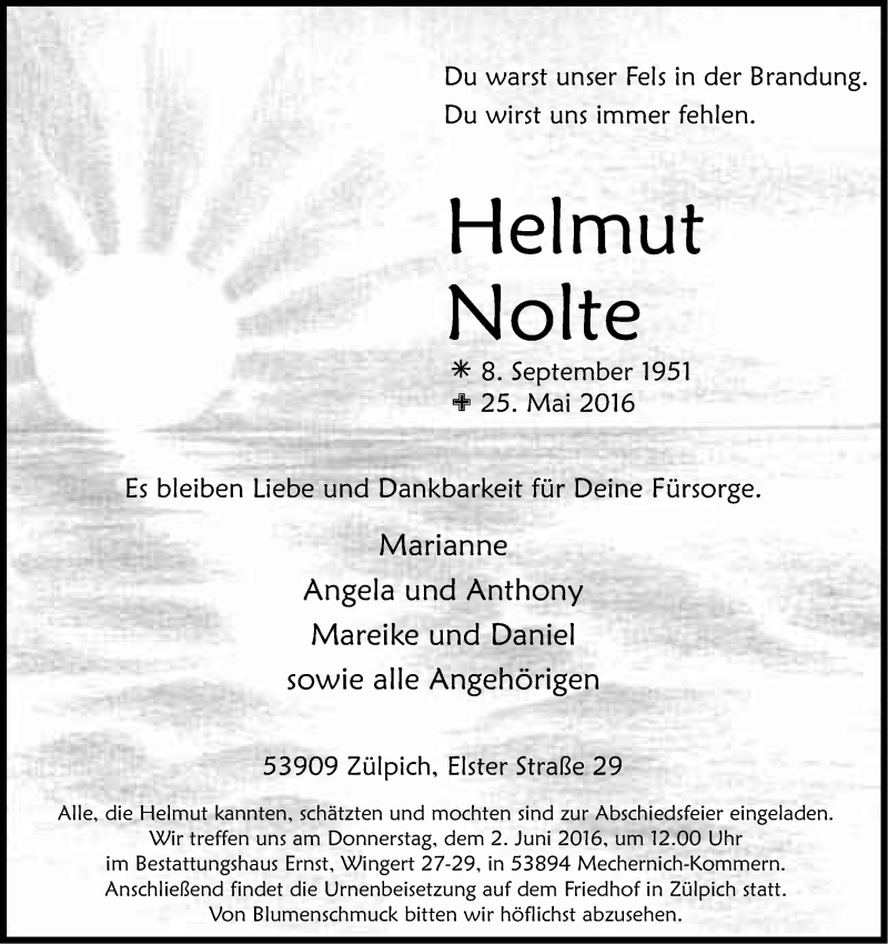  Traueranzeige für Helmut Nolte vom 30.05.2016 aus Kölner Stadt-Anzeiger / Kölnische Rundschau / Express