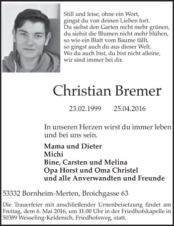 Anzeige von Christian Bremer von  Schaufenster/Blickpunkt 