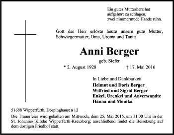 Anzeige von Anni Berger von Kölner Stadt-Anzeiger / Kölnische Rundschau / Express