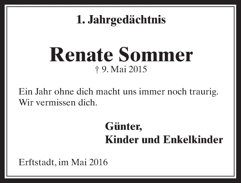  Traueranzeige für Renate Sommer vom 18.05.2016 aus  Werbepost 