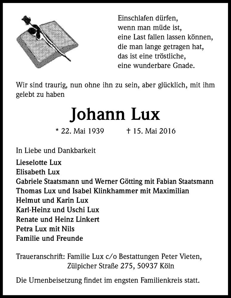  Traueranzeige für Johann Lux vom 21.05.2016 aus Kölner Stadt-Anzeiger / Kölnische Rundschau / Express