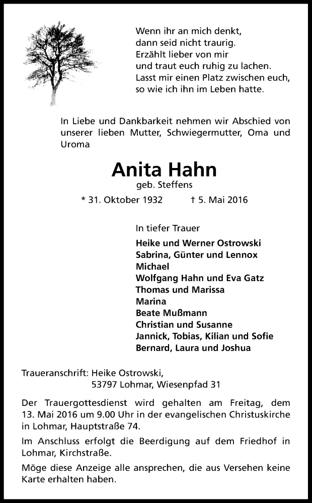  Traueranzeige für Anita Hahn vom 11.05.2016 aus Kölner Stadt-Anzeiger / Kölnische Rundschau / Express