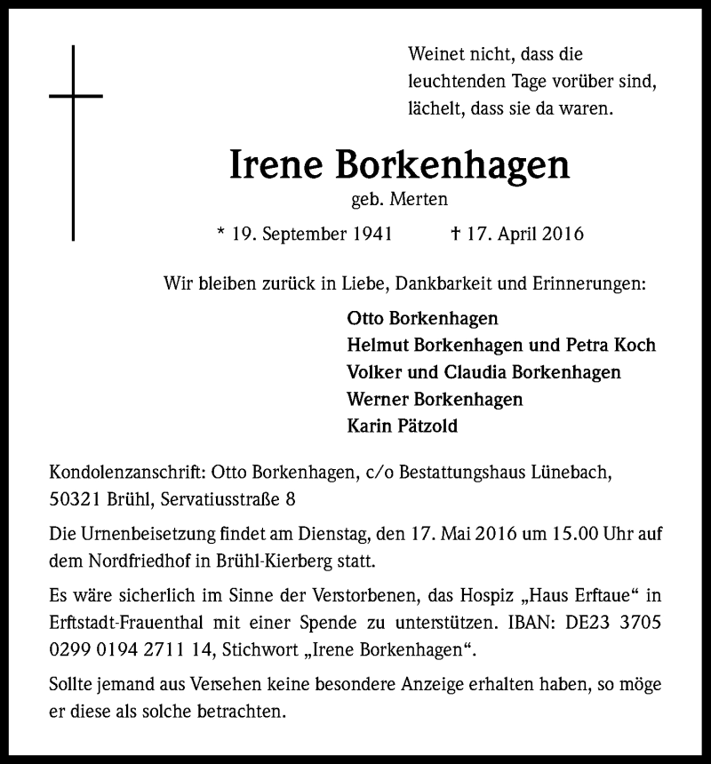 Traueranzeige für Irene Borkenhagen vom 30.04.2016 aus Kölner Stadt-Anzeiger / Kölnische Rundschau / Express
