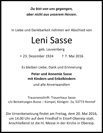 Anzeige von Helena Sasse von Kölner Stadt-Anzeiger / Kölnische Rundschau / Express