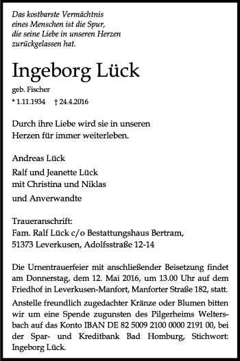 Anzeige von Ingeborg Lück von Kölner Stadt-Anzeiger / Kölnische Rundschau / Express