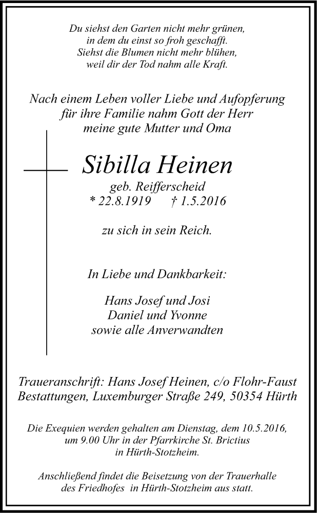  Traueranzeige für Sibilla Heinen vom 07.05.2016 aus Kölner Stadt-Anzeiger / Kölnische Rundschau / Express