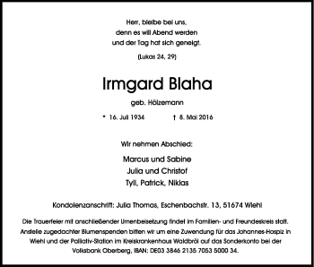 Anzeige von Irmgard Blaha von Kölner Stadt-Anzeiger / Kölnische Rundschau / Express