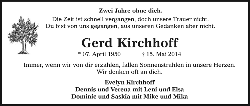  Traueranzeige für Gerd Kirchhoff vom 14.05.2016 aus Kölner Stadt-Anzeiger / Kölnische Rundschau / Express