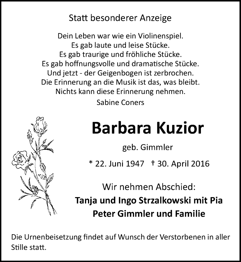  Traueranzeige für Barbara Kuzior vom 04.05.2016 aus  Kölner Wochenspiegel 