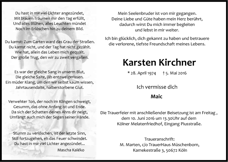  Traueranzeige für Karsten Kirchner vom 28.05.2016 aus Kölner Stadt-Anzeiger / Kölnische Rundschau / Express