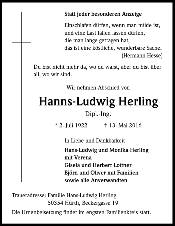 Anzeige von Hanns-Ludwig Herling von Kölner Stadt-Anzeiger / Kölnische Rundschau / Express