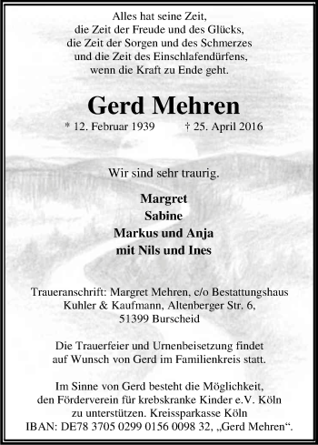 Anzeige von Gerd Mehren von Kölner Stadt-Anzeiger / Kölnische Rundschau / Express