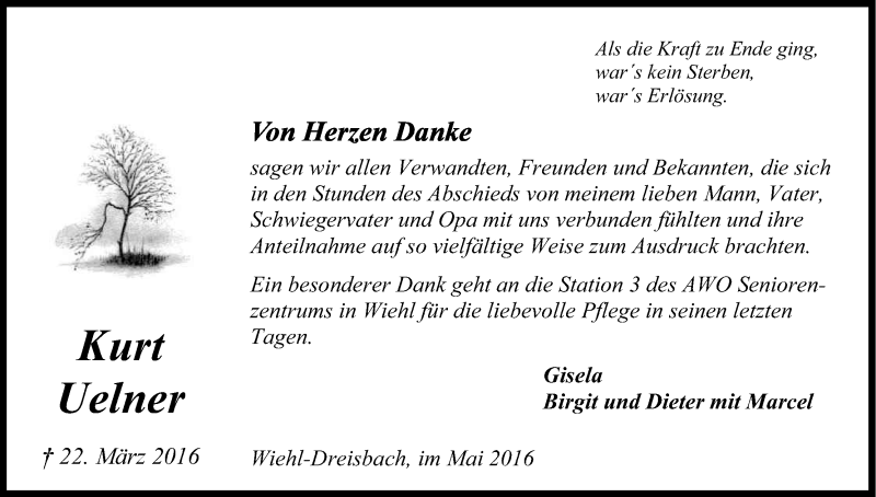  Traueranzeige für Kurt Uelner vom 07.05.2016 aus Kölner Stadt-Anzeiger / Kölnische Rundschau / Express