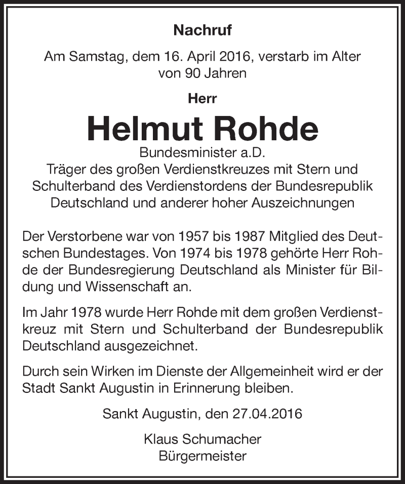  Traueranzeige für Helmut Rohde vom 04.05.2016 aus  Extra Blatt 