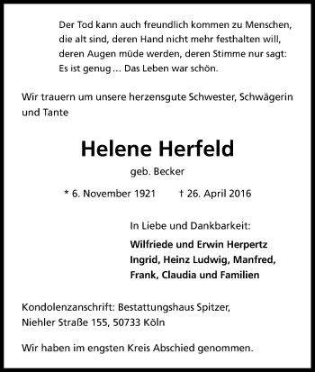 Anzeige von Helene Herfeld von Kölner Stadt-Anzeiger / Kölnische Rundschau / Express