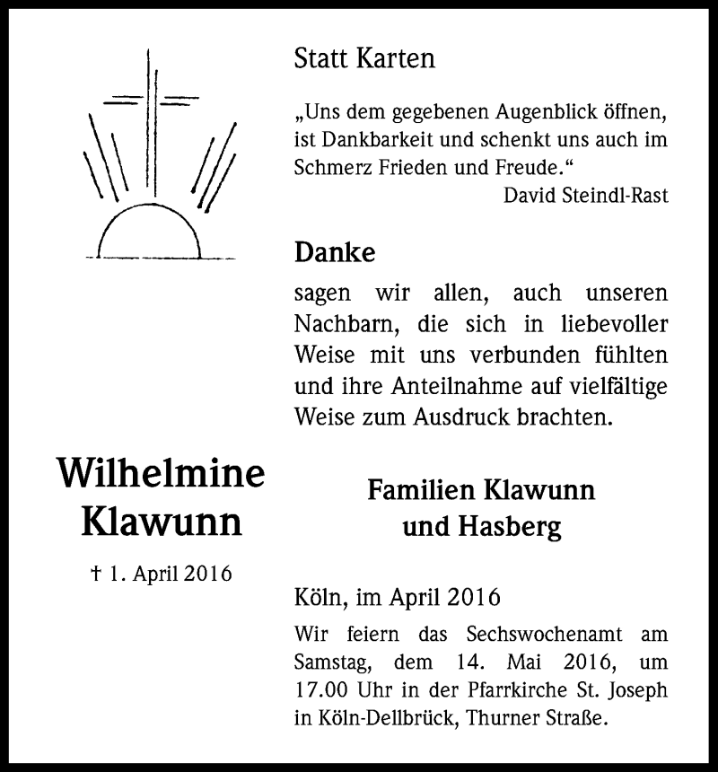  Traueranzeige für Wilhelmine Klawunn vom 30.04.2016 aus Kölner Stadt-Anzeiger / Kölnische Rundschau / Express
