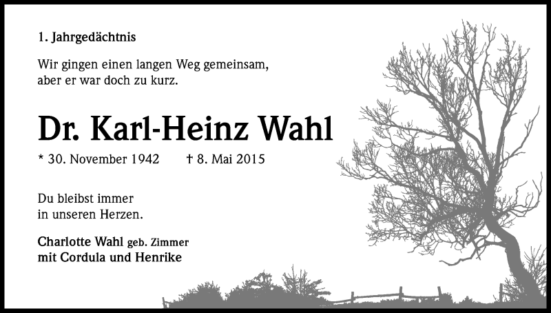  Traueranzeige für Karl-Heinz Wahl vom 07.05.2016 aus Kölner Stadt-Anzeiger / Kölnische Rundschau / Express