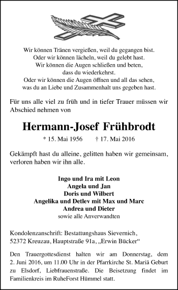 Anzeige von Hermann-Josef Frühbrodt von  Sonntags-Post 