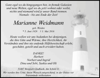 Anzeige von Marianne Weidmann von Kölner Stadt-Anzeiger / Kölnische Rundschau / Express