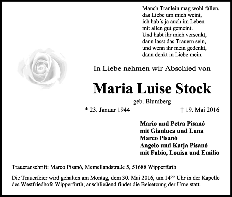  Traueranzeige für Maria Luise Stock vom 24.05.2016 aus Kölner Stadt-Anzeiger / Kölnische Rundschau / Express
