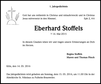 Anzeige von Eberhard Stoffels von Kölner Stadt-Anzeiger / Kölnische Rundschau / Express