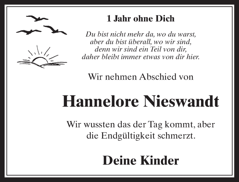  Traueranzeige für Hannelore Nieswandt vom 11.05.2016 aus  Wochenende 
