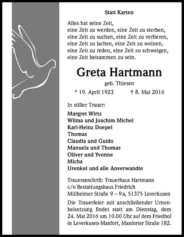  Traueranzeige für Greta Hartmann vom 21.05.2016 aus Kölner Stadt-Anzeiger / Kölnische Rundschau / Express