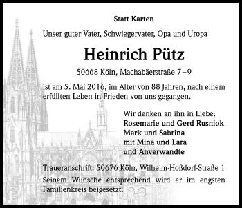 Anzeige von Heinrich Pütz von Kölner Stadt-Anzeiger / Kölnische Rundschau / Express