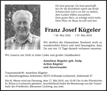 Anzeige von Franz Josef Kügeler von Kölner Stadt-Anzeiger / Kölnische Rundschau / Express
