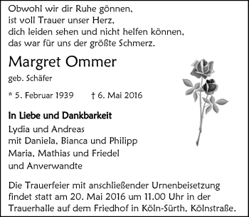 Anzeige von Margret Ommer von  Kölner Wochenspiegel 