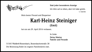 Anzeige von Karl-Heinz Steiniger von Kölner Stadt-Anzeiger / Kölnische Rundschau / Express