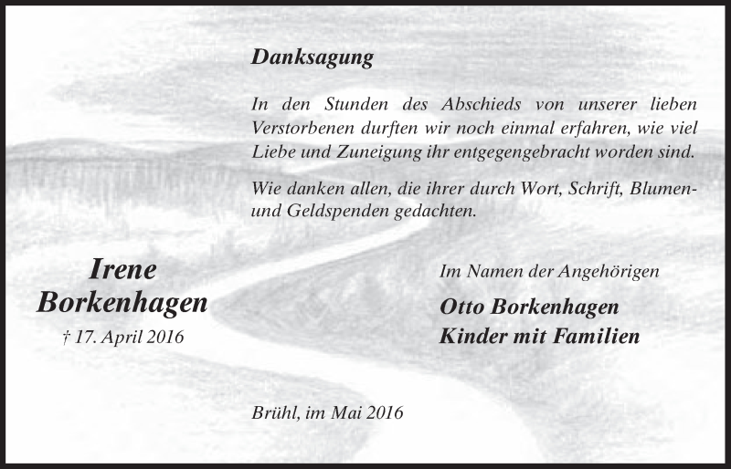  Traueranzeige für Irene Borkenhagen vom 25.05.2016 aus  Schlossbote/Werbekurier 